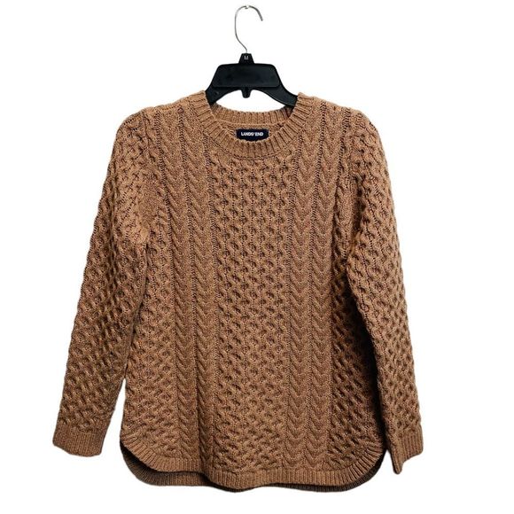 Land's End Chunky Brown Cable Knit Sweater Size XS Crew Neck Boat Hem Pull On - Picture 1 of 9